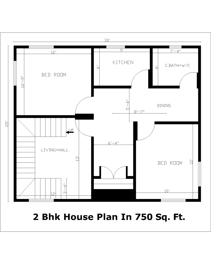 2 Bhk House Plan In 750 Sq. Ft.