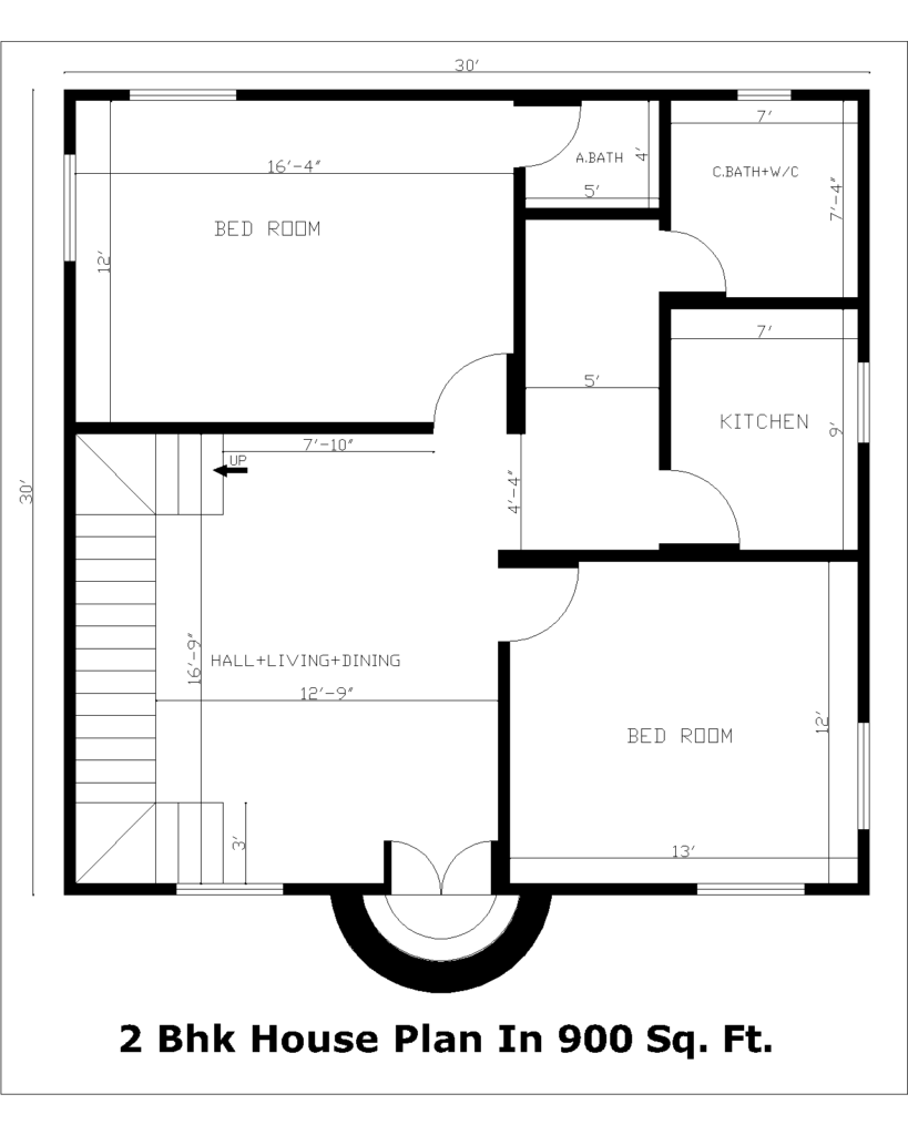2 Bhk House Plan In 900 Sq. Ft. 