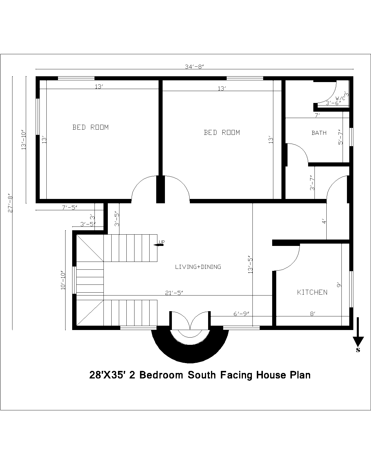 28'X35' 2 Bedroom South Facing House Plan