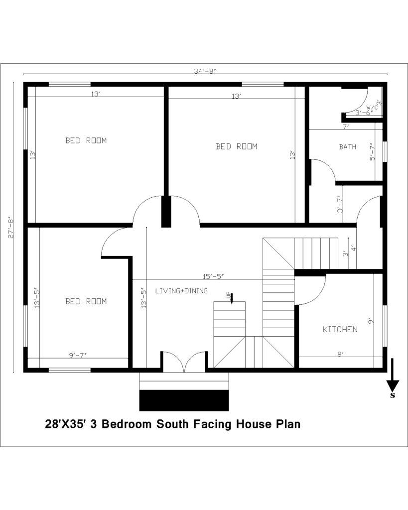 28'X35' 3 Bedroom South Facing House Plan