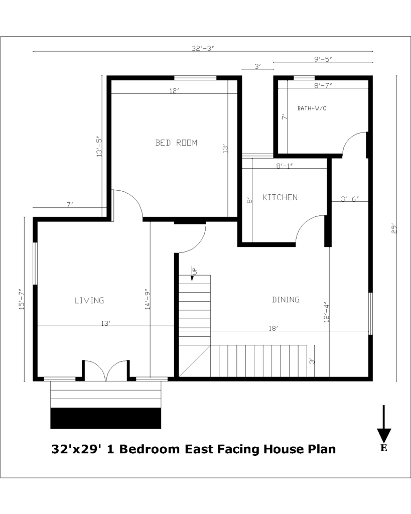 32'x29' 1 Bedroom East Facing House Plan