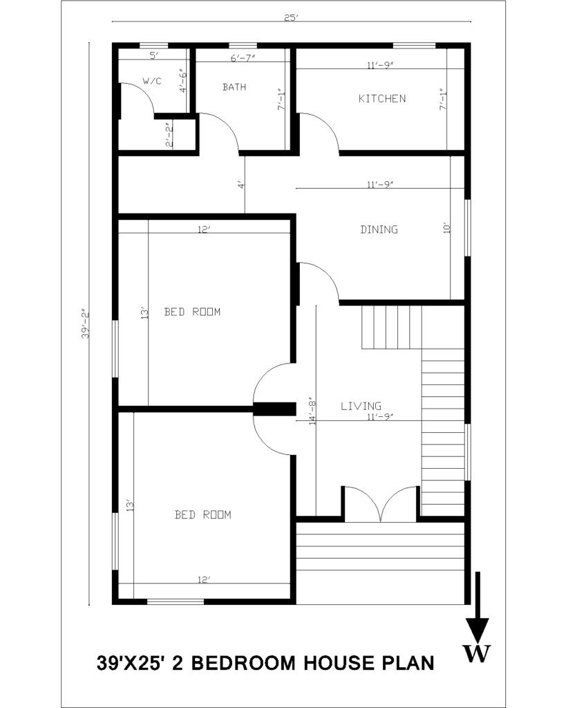 39'X25' 2 Bedroom House Plan | West Facing House Plan