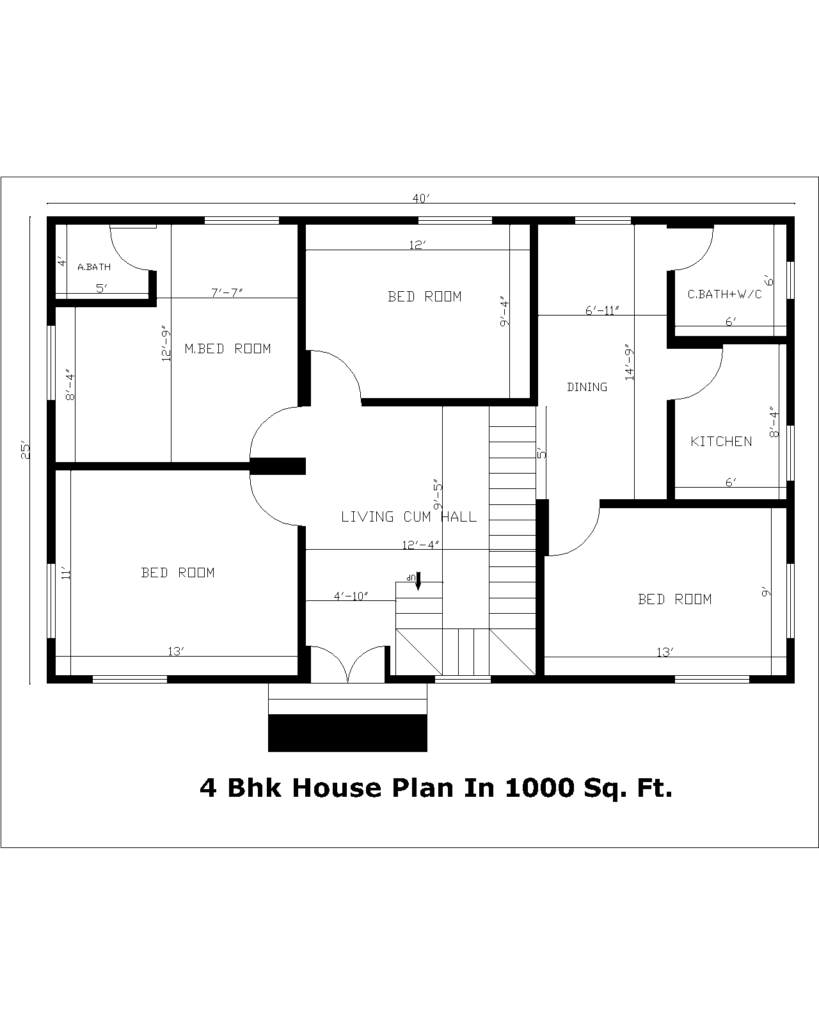 4 bhk house plan in 1000 sq. ft.
