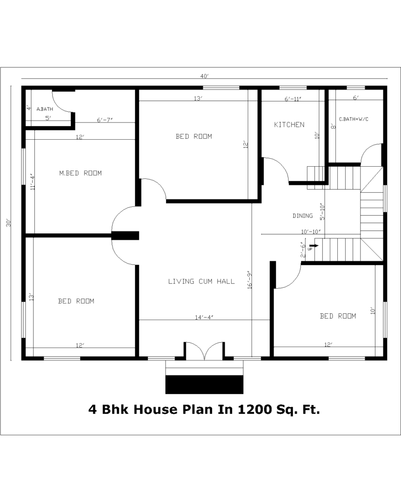 4 bhk house plan in 1200 sq. ft.