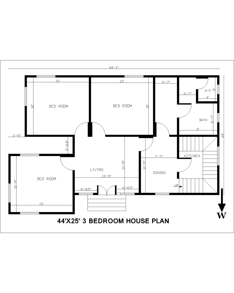 44'X25' 3 Bedroom House Plan | West Facing House Plan 