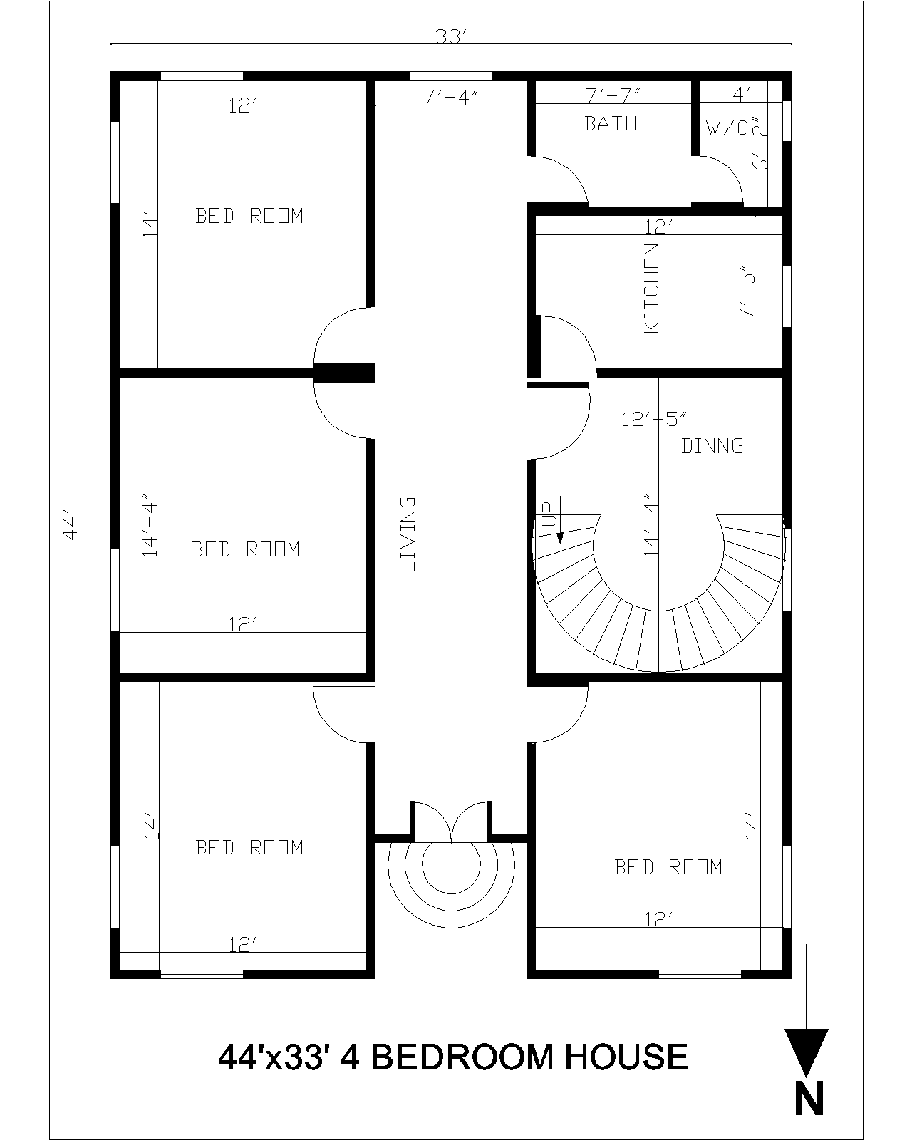 44'x33' 4 Bedroom House Plan | North Facing House Plan | Download PDF ...