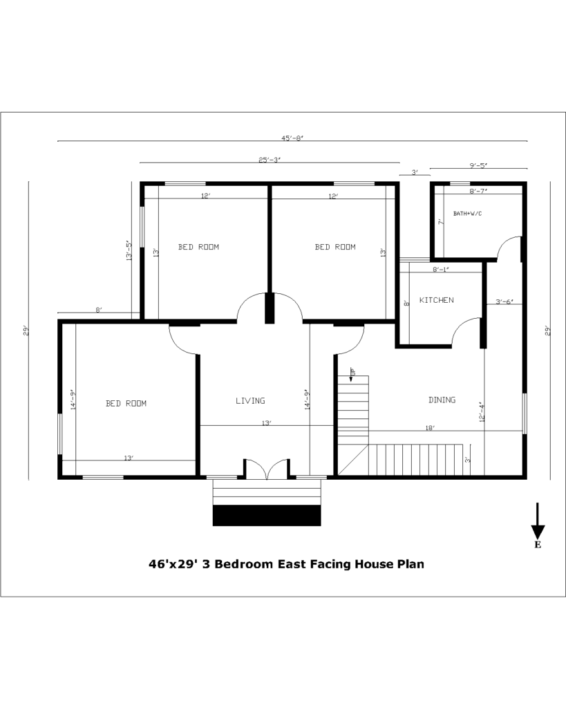 46'x29' 3 Bedroom East Facing House Plan