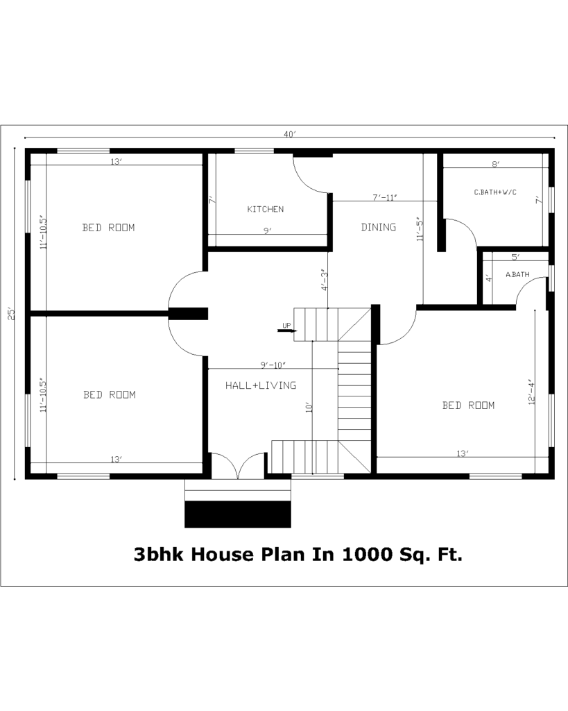 3bhk House Plan In 1000 Sq. Ft.