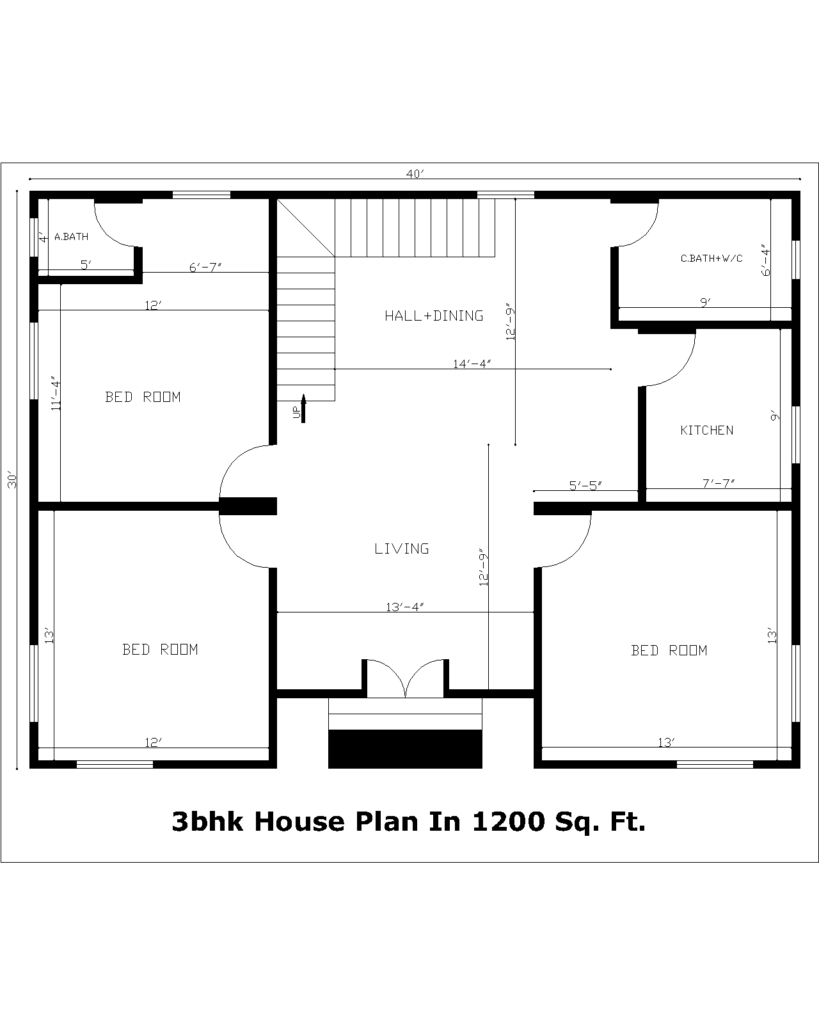 3bhk House Plan In 1200 Sq. Ft.