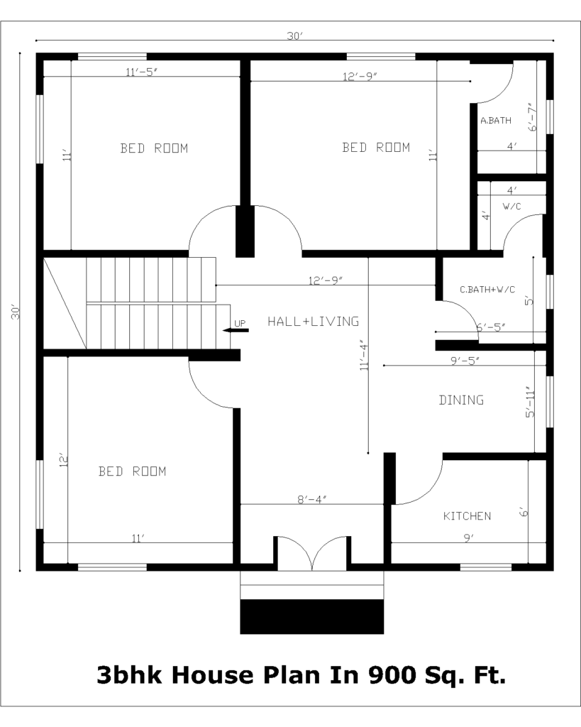 3bhk House Plan In 900 Sq. Ft.