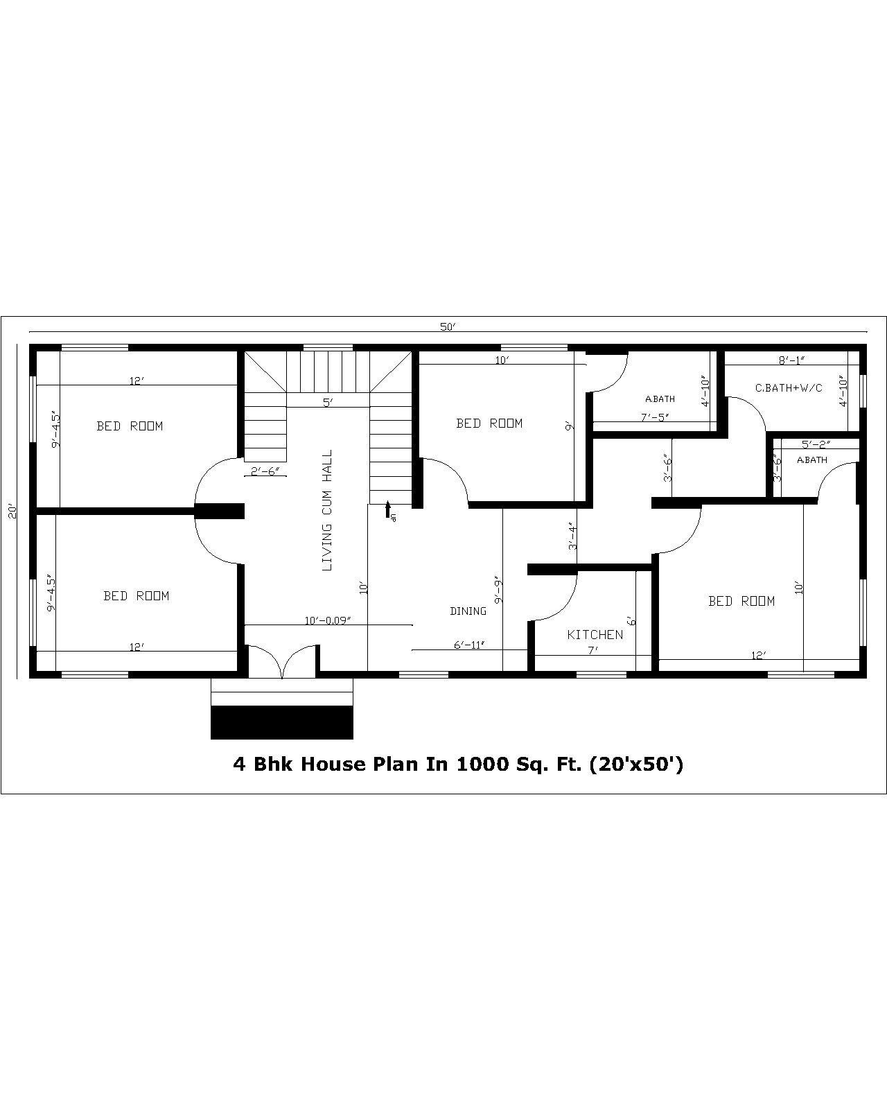 4 Bhk House Plan In 1000 Sq. Ft. (20'x50')
