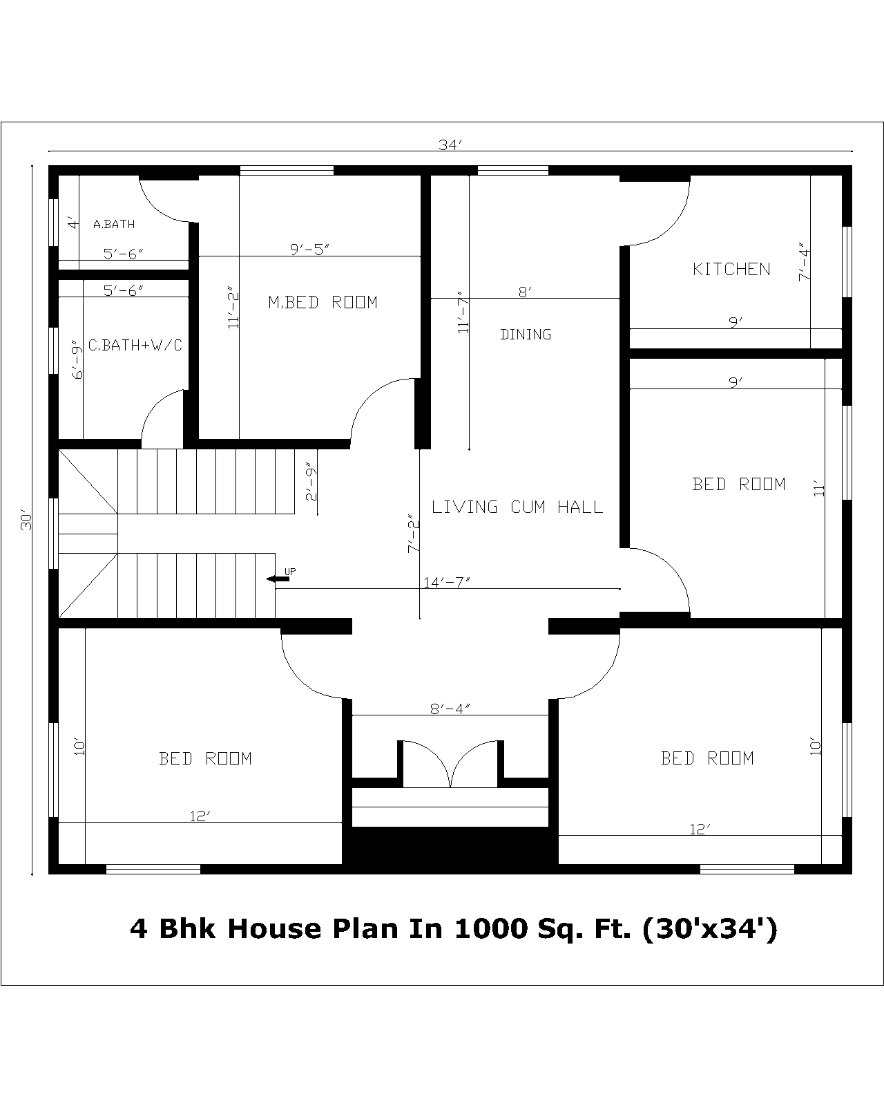 4 Bhk House Plan In 1000 Sq. Ft. (30'x34')