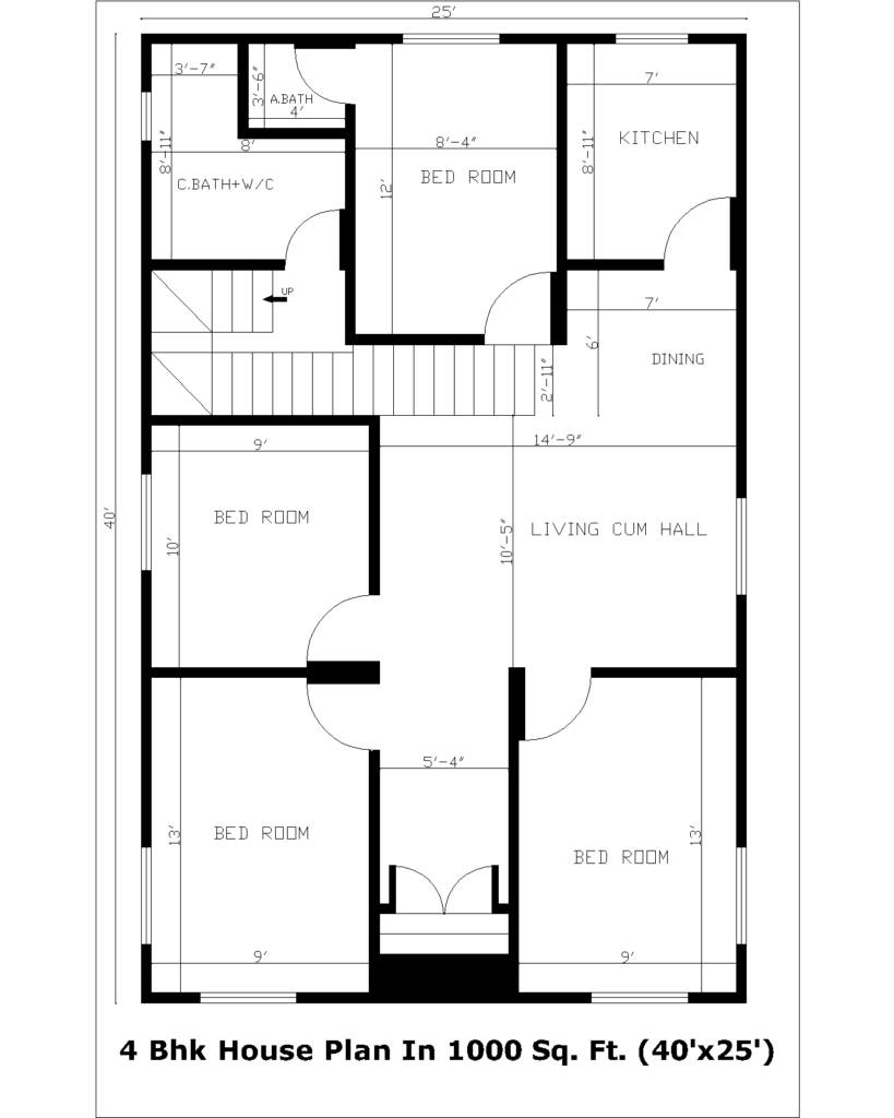4 Bhk House Plan In 1000 Sq. Ft. (40'x25')