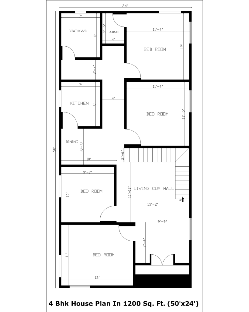 4 Bhk House Plan In 1200 Sq. Ft. (50'x24')