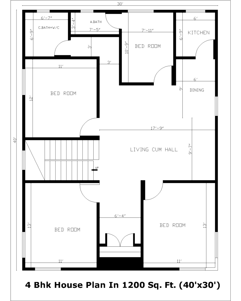 4 Bhk House Plan In 1200 Sq. Ft. (40'x30')