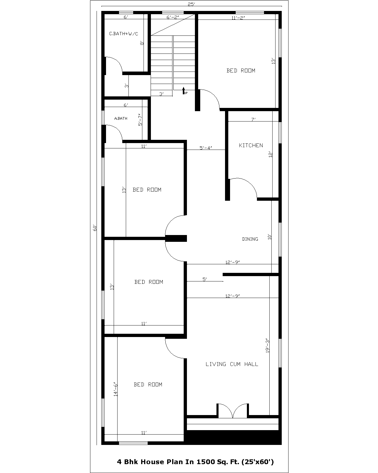 4 Bhk House Plan In 1500 Sq. Ft. (25'x60') | 4 Bhk Gharka Naksha In 1500 Sq. Ft. (25'x60')