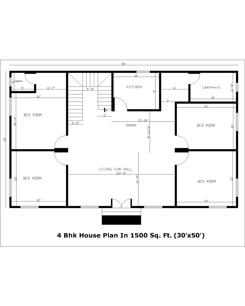 4 Bhk House Plan In 1500 Sq. Ft. (30'x50')