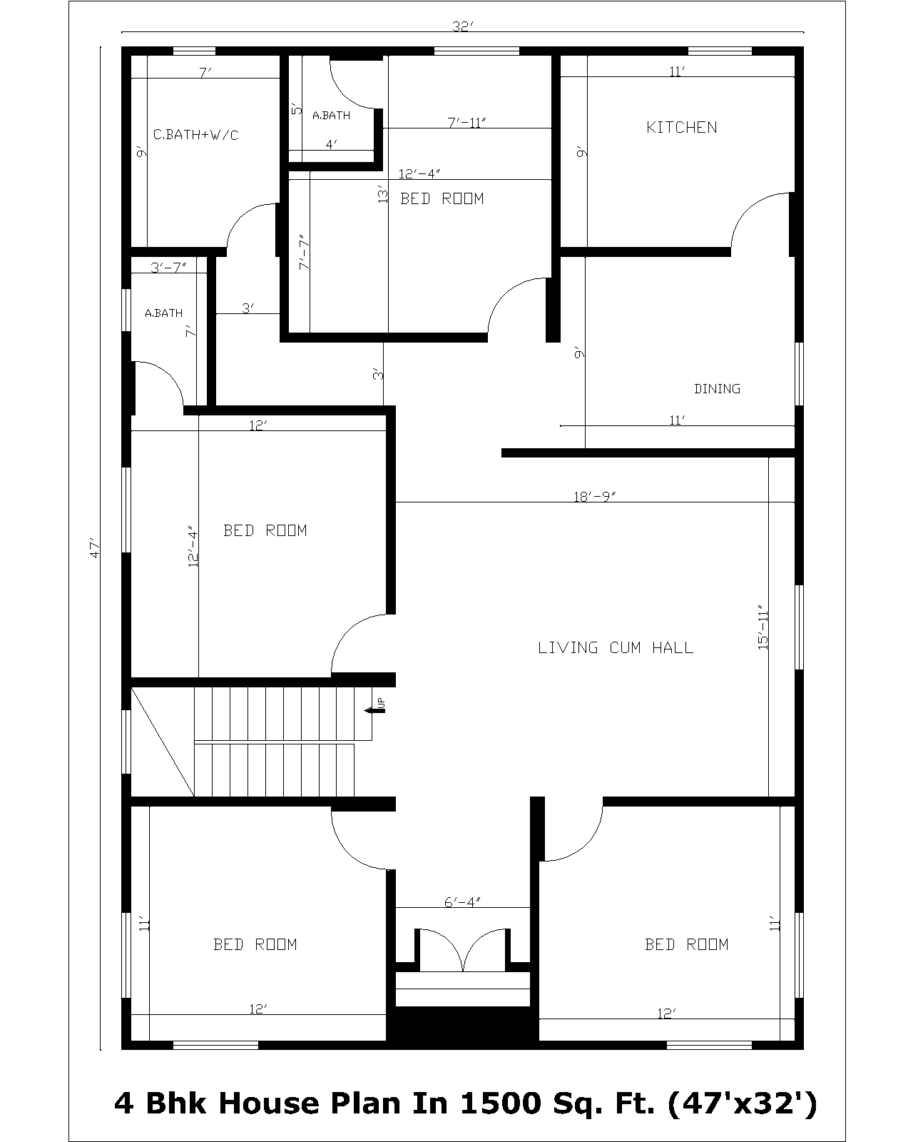 4 Bhk House Plan In 1500 Sq. Ft. (47'x32') | 4 Bhk Gharka Naksha In 1500 Sq. Ft.(47'x32')