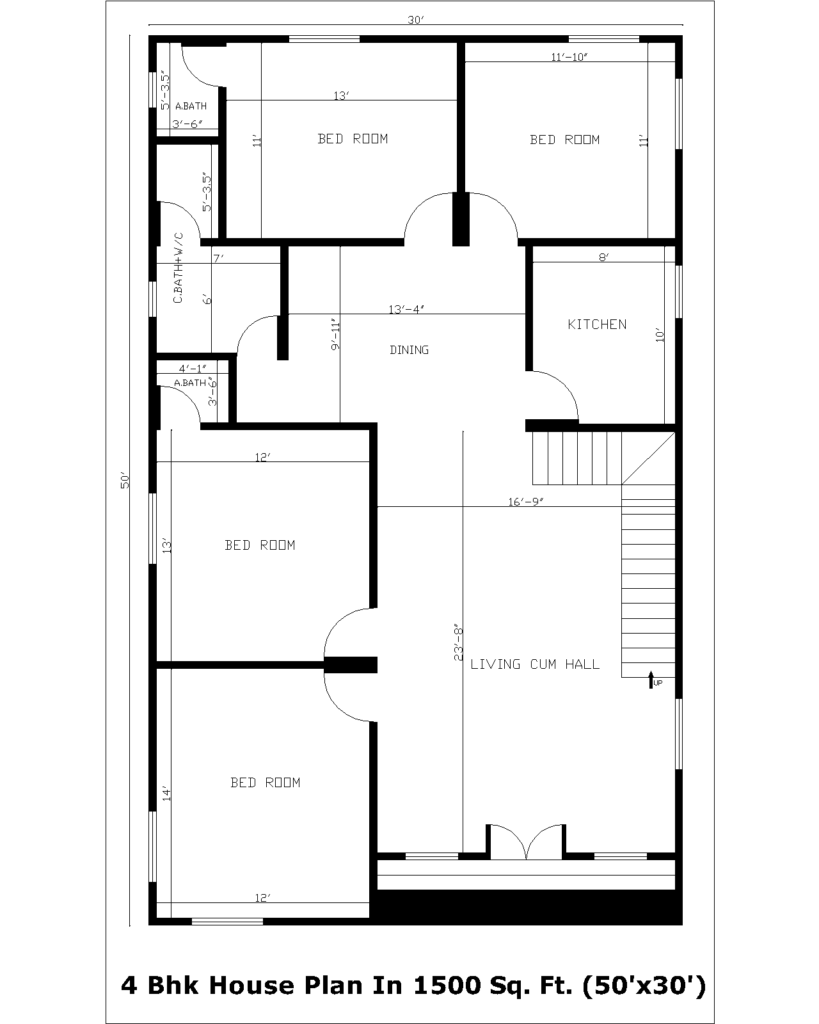 4 Bhk House Plan In 1500 Sq. Ft. (50'x30')