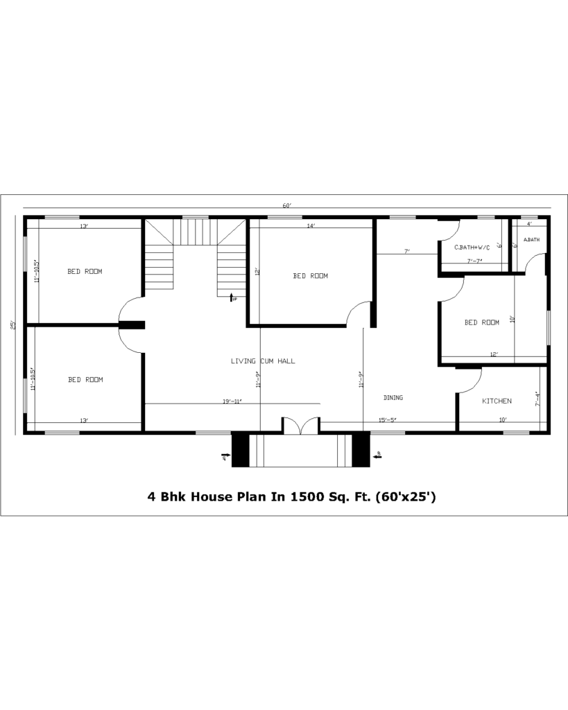 4 Bhk House Plan In 1500 Sq. Ft. (60'x25')
