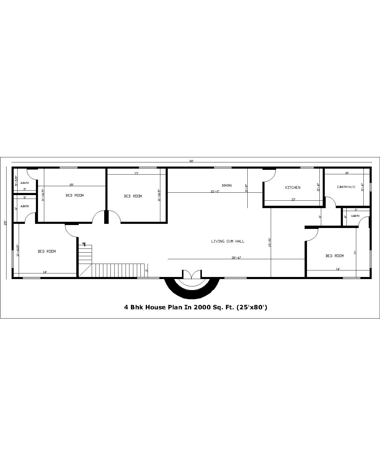 4 Bhk House Plan In 2000 Sq. Ft. (25'x80') | 4 Bhk House Plan In 2000 Sq. Ft. (80'x25')