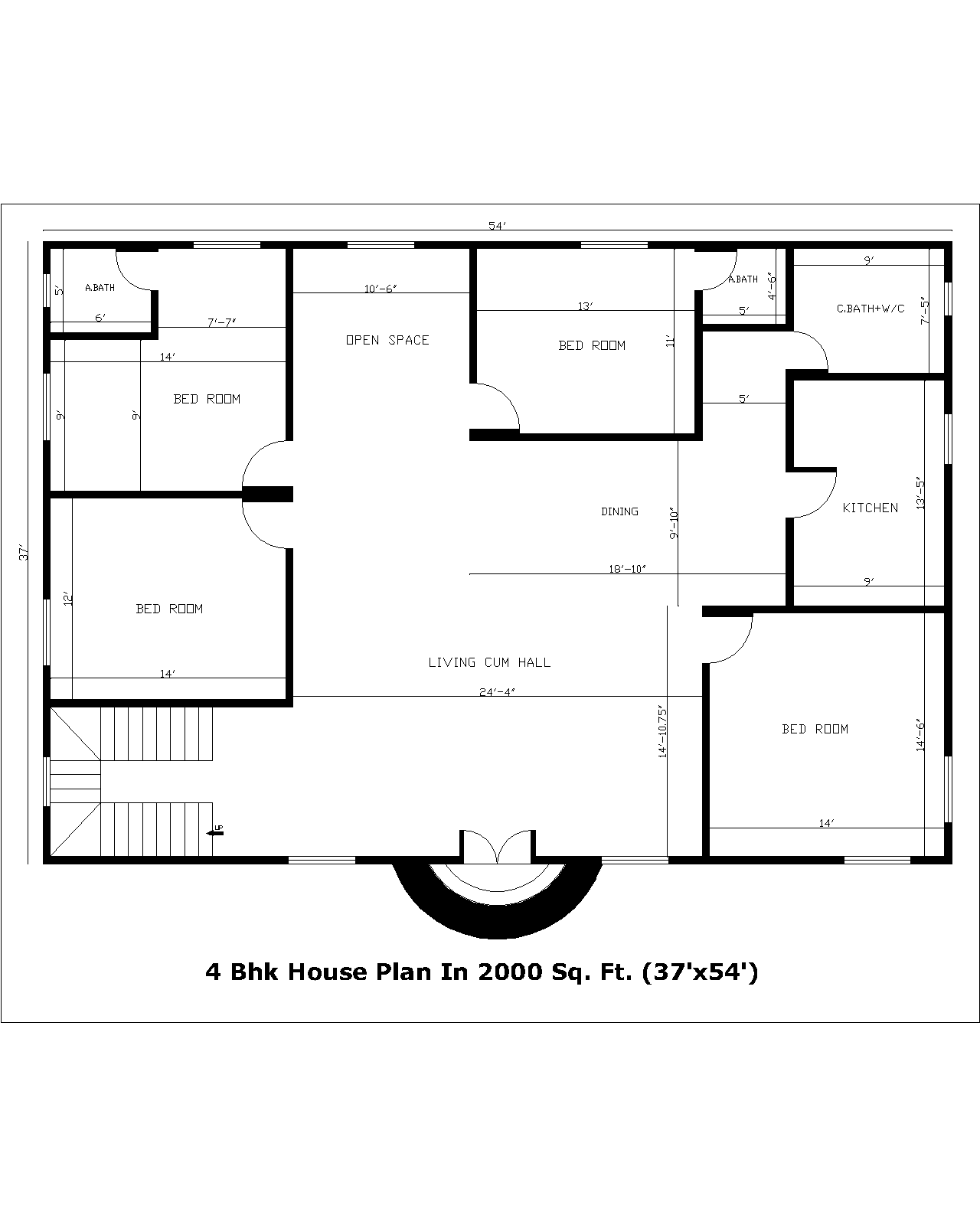 4 Bhk House Plan In 2000 Sq. Ft. (37'x54')