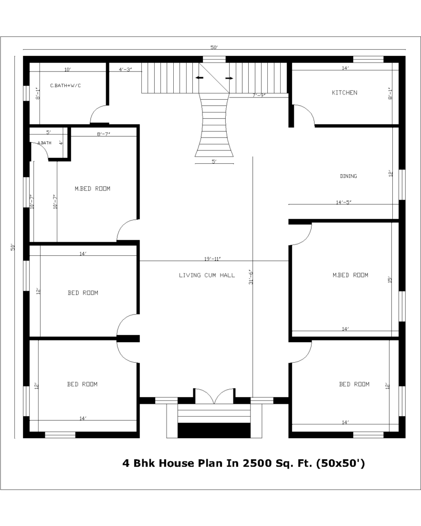 4 Bhk House Plan In 2500 Sq. Ft.(50x50')