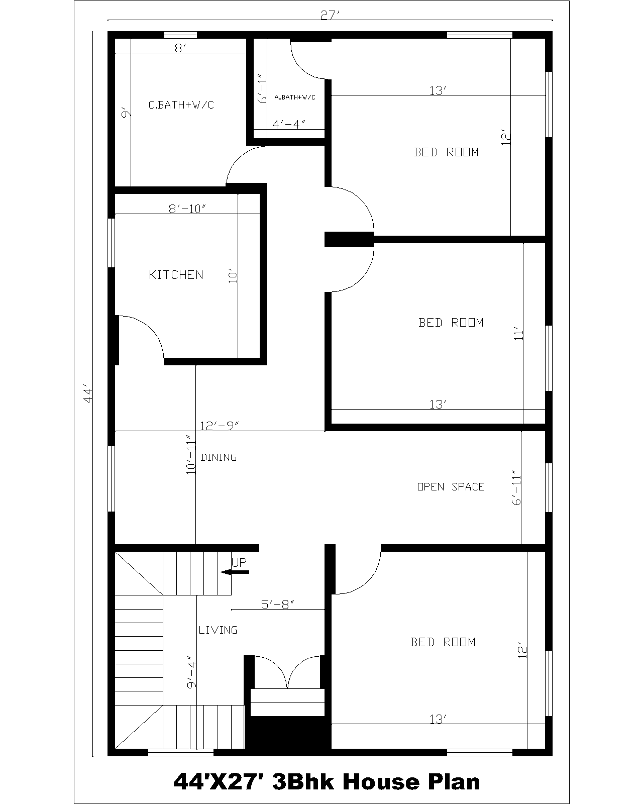 44X27 3Bhk House Plan 1