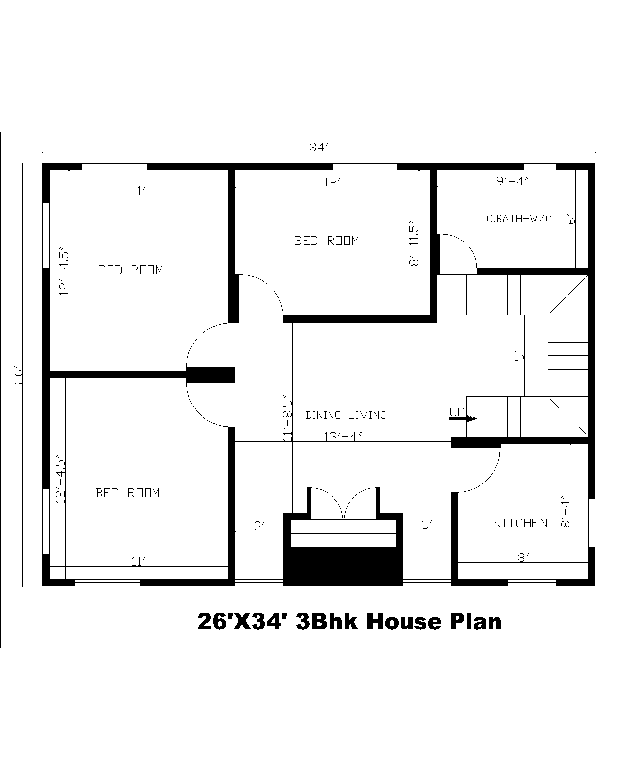 26X34 3Bhk House Plan