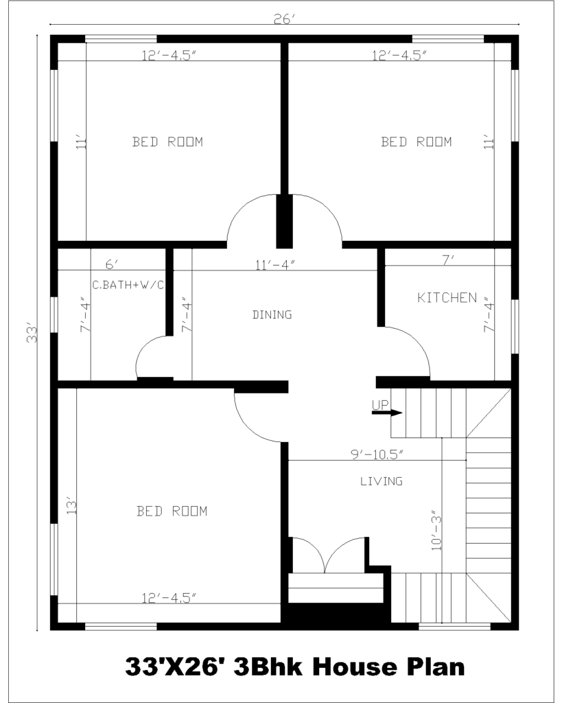 33'X26' 3Bhk House Plan