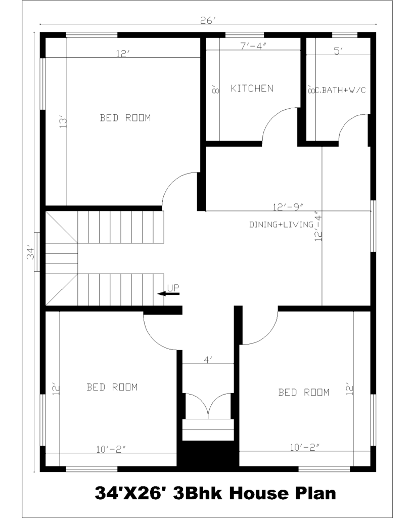 34'X26' 3Bhk House Plan